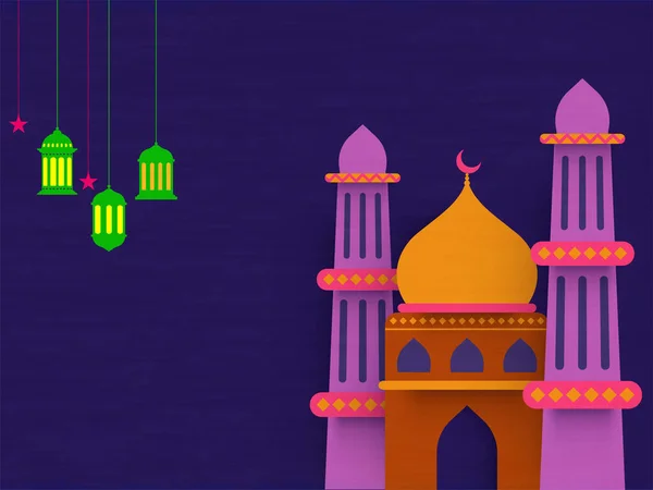 ハンギングスター 紫の背景に飾られたランタンとカラフルなモスクのイラストとコピースペース — ストックベクタ