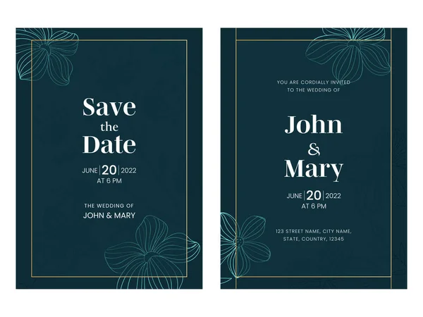 Esküvői Meghívó Kártya Sablon Elrendezése Lineáris Virágok Teal Color — Stock Vector
