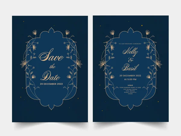 Plantilla Tarjeta Invitación Boda Floral Color Azul Detalles Del Evento — Archivo Imágenes Vectoriales