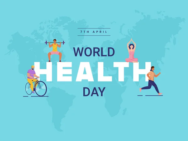 4月7日 蓝色世界地图背景下不同活动中的卡通人物形象世界卫生日字体 — 图库矢量图片