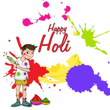 Hint renk festivali, renkli tabancayla (pichkari) oynayan Hintli bir çocukla Mutlu Holi konsepti, kuru renkler (gulal) çömlekler ve beyaz arka plana renk sıçraması.