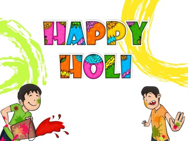 Hint renk festivali, Hintli çocukların su renkleriyle oynadığı Mutlu Holi konsepti ve beyaz arka planda renk sıçraması..