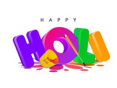 Hint renk festivali, Mutlu Holi konsepti. Parlak metin Holi, renkli tabanca (pichkari), bir kovadan dökülen sıvı renk ve mesajınız için metin alanı..