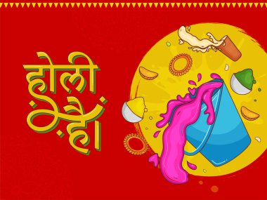Hintçe Holi Harfleri (Holi Hai) Kova, toz (Gulal) Kâselerde, Thandai Glass, Hindistan 'da Kırmızı ve Sarı Mandala Arkaplan Tatlısı.