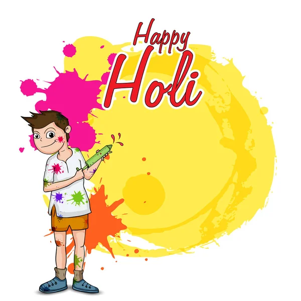 Indiai Színfesztivál Happy Holi Koncepció Indiai Fiú Játszik Colourgun Pichkari — Stock Vector