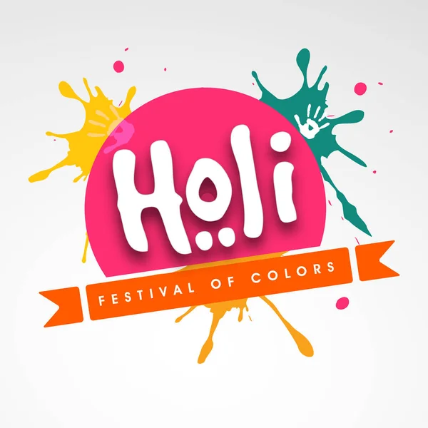 Ινδικό Φεστιβάλ Χρωμάτων Αυτοκόλλητο Happy Holi Κείμενο Holi Και Χρωματικούς — Διανυσματικό Αρχείο