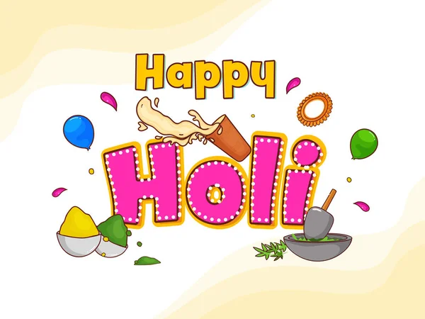 Stylish Happy Holi Font Bowls Full Dry Color Gulal Balloons — Stock Vector
