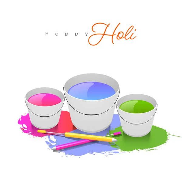 Happy Holi Celebration Koncept Lesklé Kbelíky Plné Barvy Vodní Zbraně — Stockový vektor