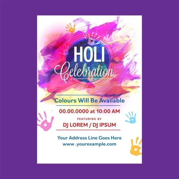 Holi Celebration Uitnodigingskaart Met Event Details Handafdrukken Abstract Brush Effect — Stockvector