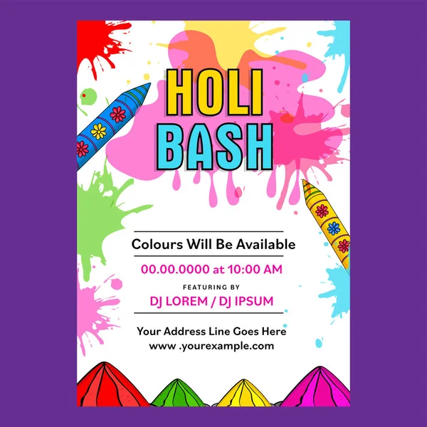 Holi Flyer Κόμμα Πρόσκληση Κάρτα Έγχρωμο Πυροβόλα Όπλα Pichkari Σκόνη — Διανυσματικό Αρχείο