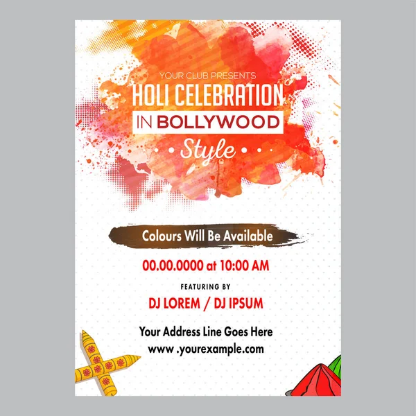 Cartão Convite Celebração Holi Estilo Bollywood Com Efeito Halftone Aquarela —  Vetores de Stock