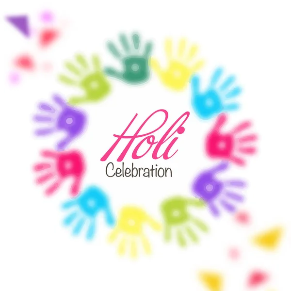 Holi Celebration Font Blurred Colorful Handprints Formare Cerchio Sfondo Bianco — Vettoriale Stock