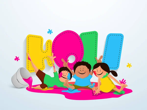 印度的色彩节 与可爱的孩子一起玩水彩画和五彩缤纷的文字的霍利概念 — 图库矢量图片