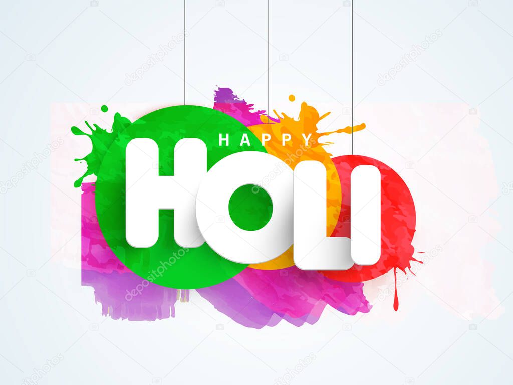 White Happy Holi Font With Brush Effect Colorful Round Tag Or Label Hang On Pastel Blue And Pink Background.
