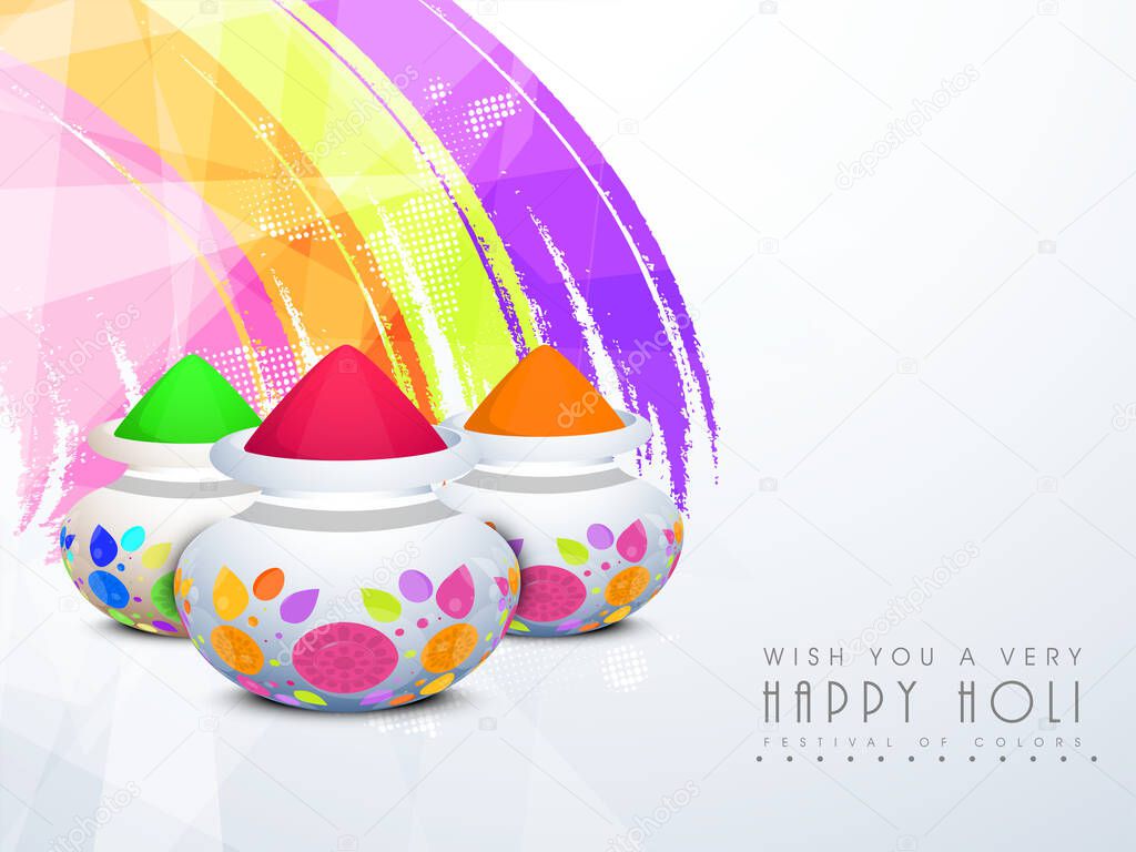 Indian festival of colours, Happy Holi concept with shiny drycolours(gulal) in traditional pots and colourful storkes on white background.