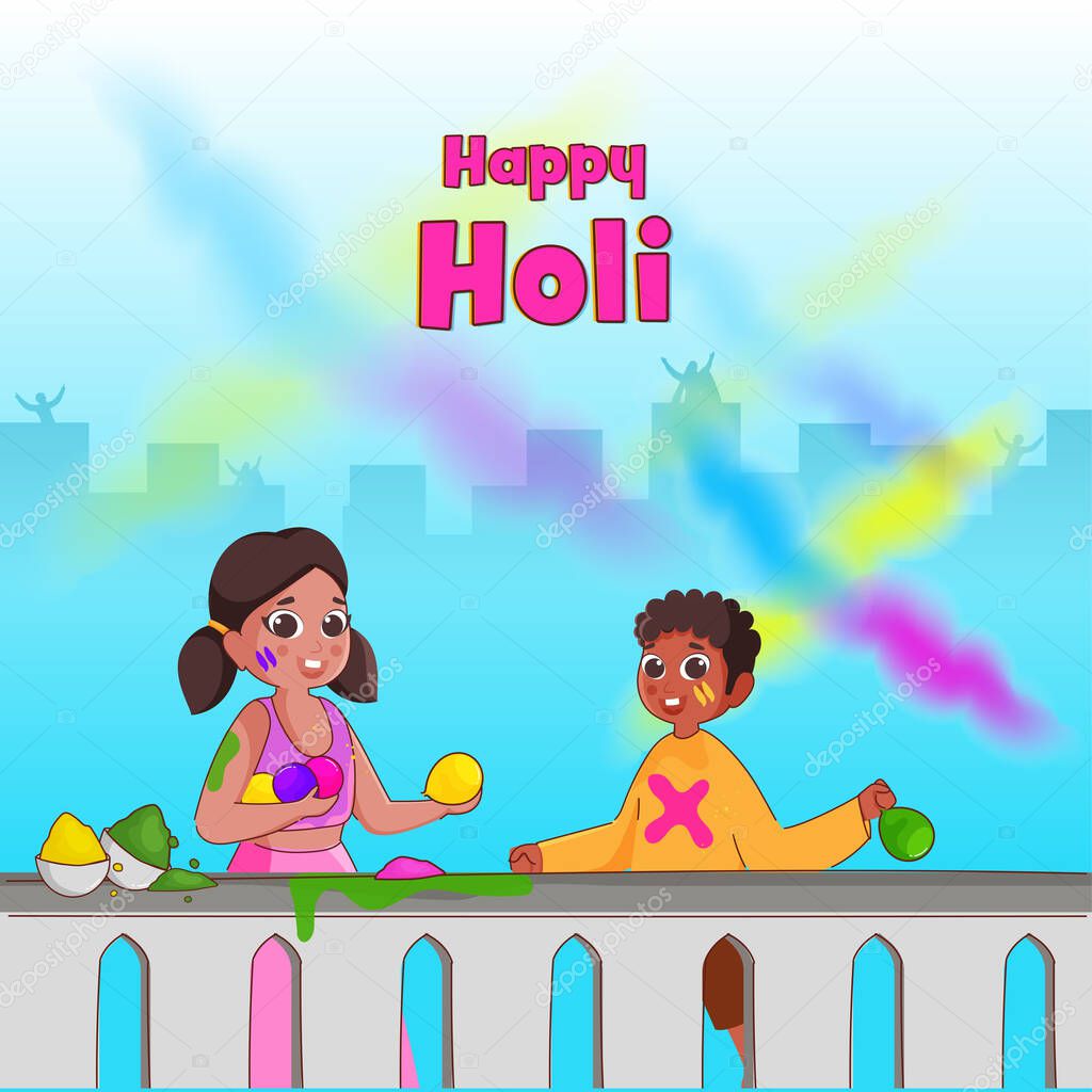 Happy Holi Celebration Background With Indian Kids Playing From Color Or Water Balloons At Roof Illustration.