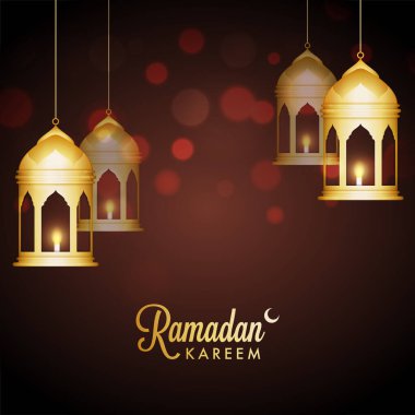 Hilal aylı Altın Ramazan Kareem Yazı Tipi ve Aydınlatılmış Fenerler Kahverengi Bokeh Arkaplanına Tutunun.