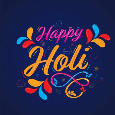 Mavi Arkaplanda Renkli Yay Damlaları ve Çizgi Sanat Pudrası (Gulal) ile Mutlu Holi Kaligrafisi.