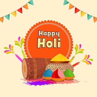 Kuru Renk Dolu Toprak Tencereleri, Dhol Alet ve Su Tabancası (Pichkari) ve Bunting Flags Dekorasyon Arkaplanlı Mutlu Holi Kutlaması Konsepti.