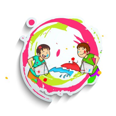 Çizgi film karakterlerinin kağıt kesiği fırça darbesi ve sıçrama efektiyle birlikte Holi oynadığı vektör ilülasyonu.