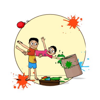 Fıçı dolusu sıvı renkler, balonlar, sarı ve beyaz arka plan üzerinde kopyalama alanı olan serpinti efektiyle Holi oynayan komik çocukların vektör çizimi.