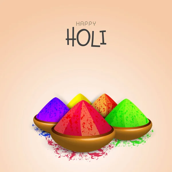 Happy Holi Celebration Concept Met Glanzende Kommen Vol Droge Kleur — Stockvector