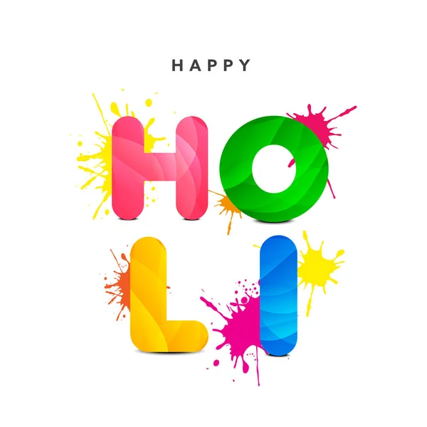 Colorful Happy Holi Font Color Splatter Effect White Background — Stock Vector