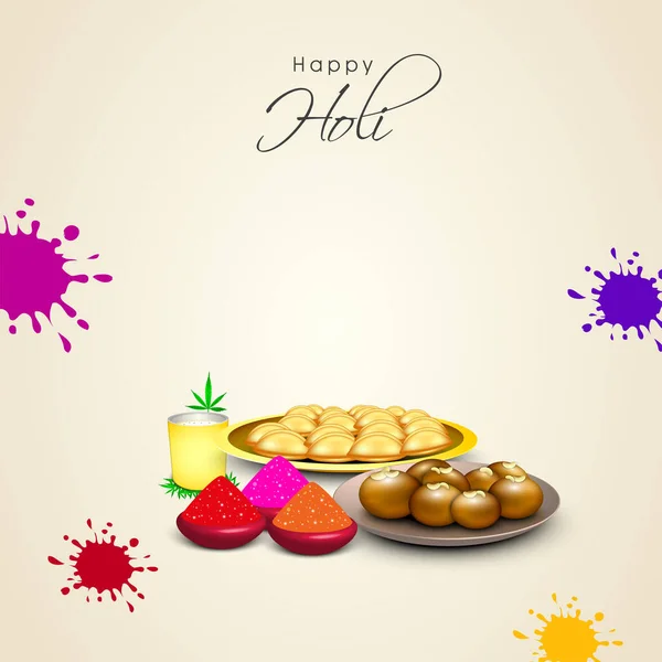 Happy Holi Celebration Concept Indian Sweet Thandai Glass Cannabis Leaves — Stock vektor