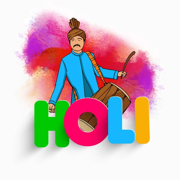 Цветная Бумага Holi Шрифт Молодым Индийцем Играющим Барабане Dhol Инструмент — стоковый вектор