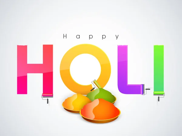 Kleurrijke Happy Holi Lettertype Geschreven Uit Verf Roller Platen Vol — Stockvector
