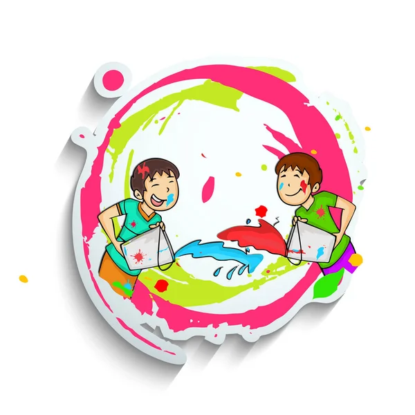 Vector Illustration Cartoon Boys Playing Holi Together Paper Cut Brush — Stock Vector