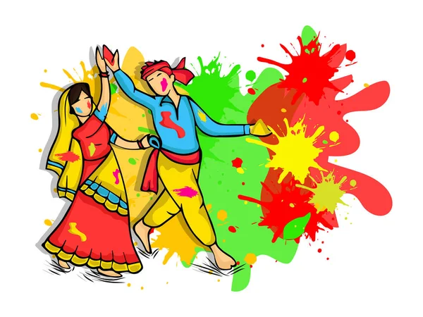 Young Indian Couple Playing Holi Traditional Attire Color Splatter Effect - Stok Vektor