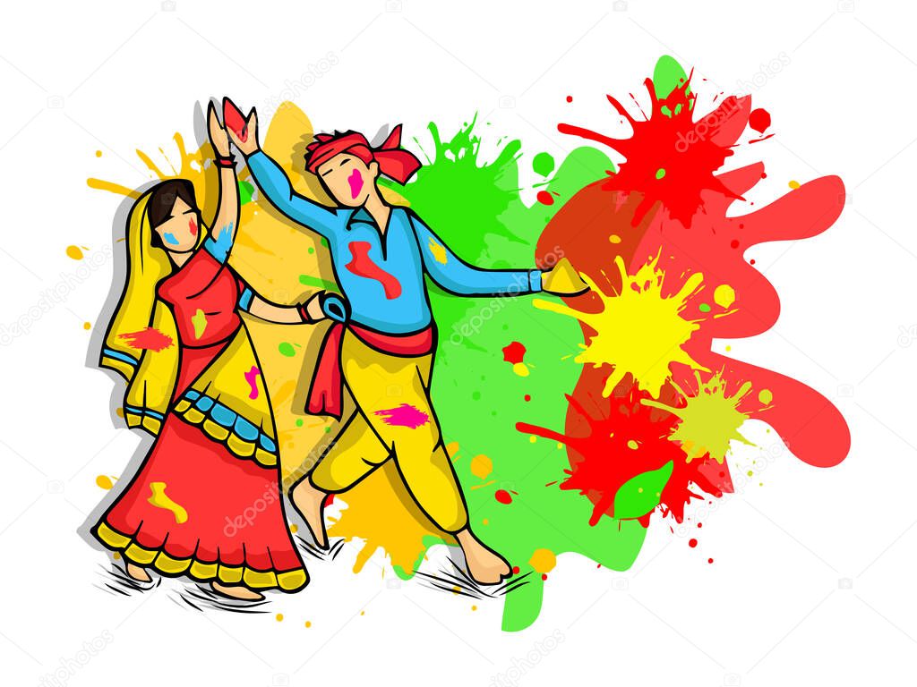 Young Indian Couple Playing Holi In Traditional Attire And Color Splatter Effect On White Background.