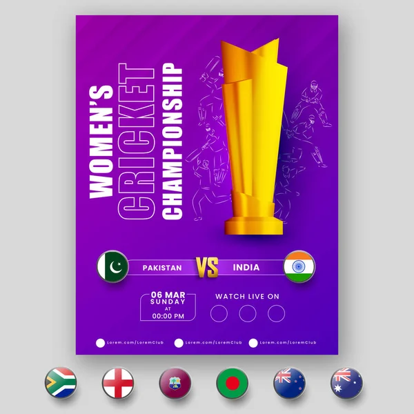 女子クリケットマッチ参加国パキスタンVsインドのフラッグバッジ紫の背景に3Dゴールデントロフィーカップを強調 — ストックベクタ