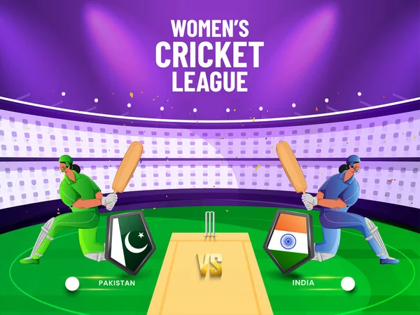 Jogo Críquete Feminino Entre Paquistão Índia Com Escudos Bandeira Personagens —  Vetores de Stock