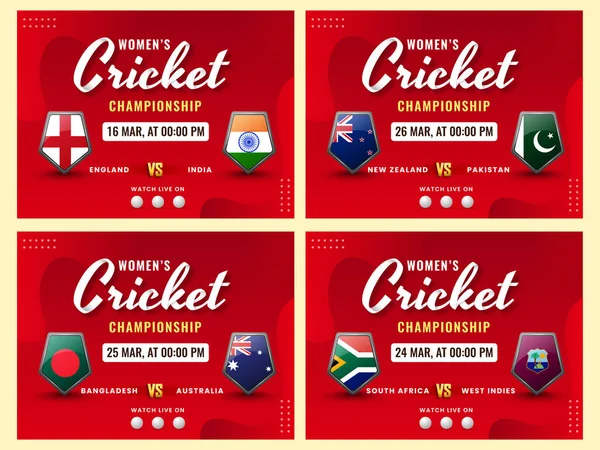 参加国との女子クリケット選手権ポスターデザイン4つのオプションで赤の背景にフラグシールド — ストックベクタ