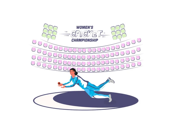 Women Cricket Championship Concept Kobieta Fielder Catching Ball Doodle Stadium — Wektor stockowy