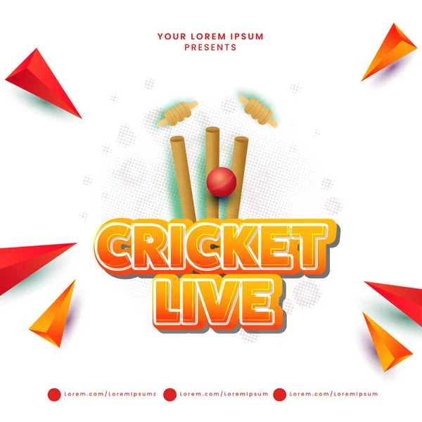 Sticker Style Cricket Live Tekst Czerwona Piłka Uderzenie Wicket Stumps — Wektor stockowy