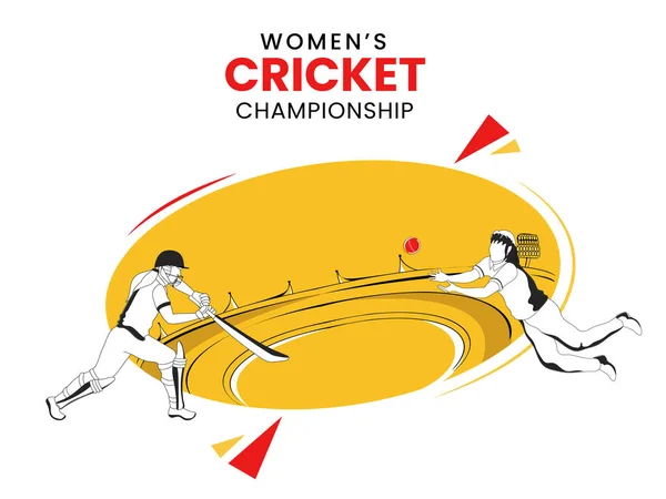 Női Krikett Bajnokság Koncepció Doodle Stílus Női Batter Játszik Ütés — Stock Vector