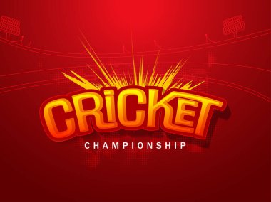 Kırmızı Yarıton Efektli Kriket Yazı Tipi Stili Şampiyonluk Konsepti için Stadyum Arkaplanı.