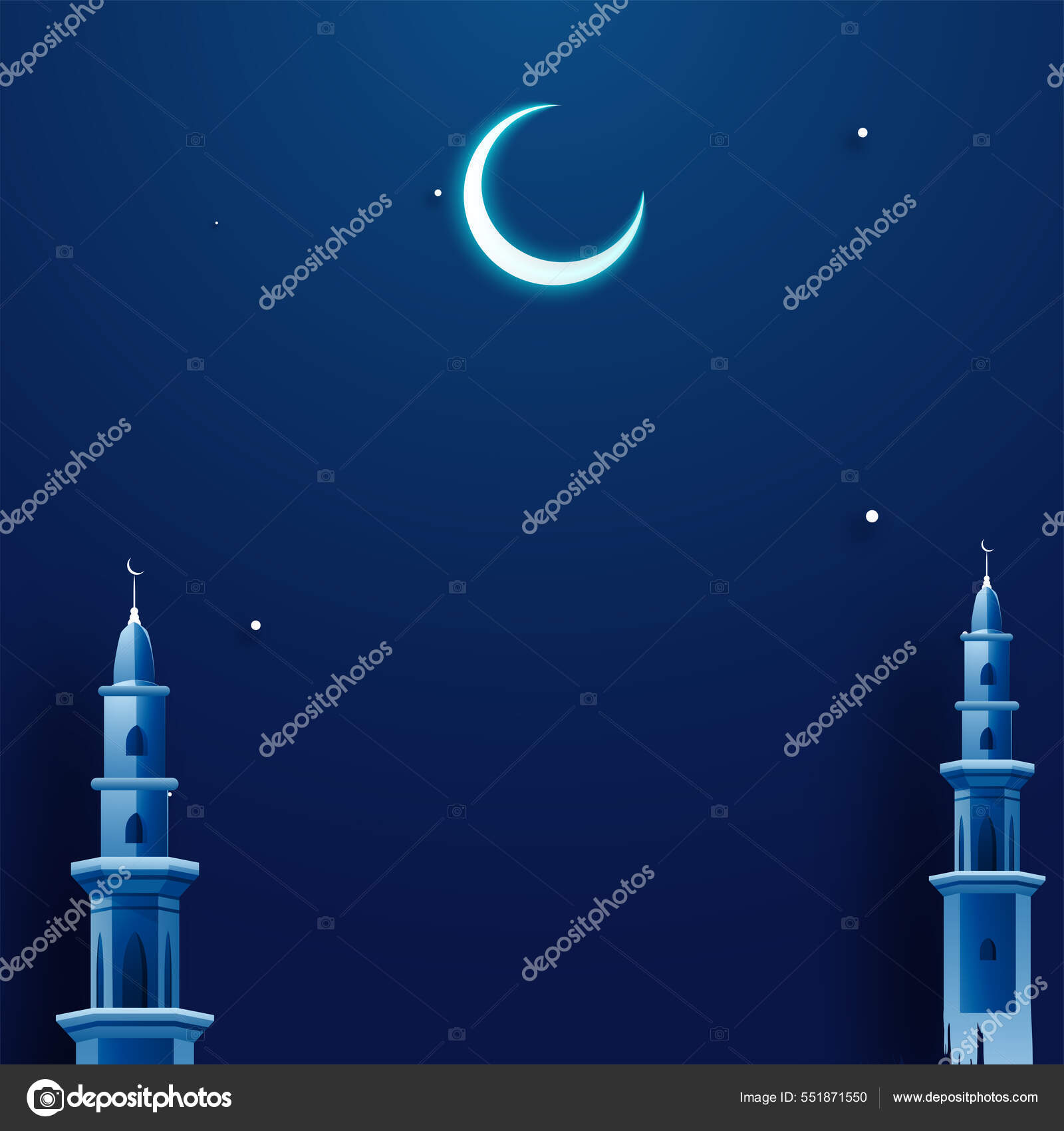 Night Time Blue Background Crescent Moon Mosque Minarets Space Text ...