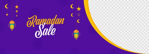 Ramadan Sale Banner Header Ontwerp Met Ruimte Voor Productfoto Paarse — Stockvector