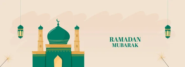 ラマダーンムバラクヘッダーまたはモスクのイラストとアラビア語のランタンがベージュの背景にかかっているバナーデザイン — ストックベクタ