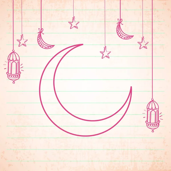 Doodle Style Crescent Moon Met Opknoping Arabische Lantaarns Sterren Versierd — Stockvector