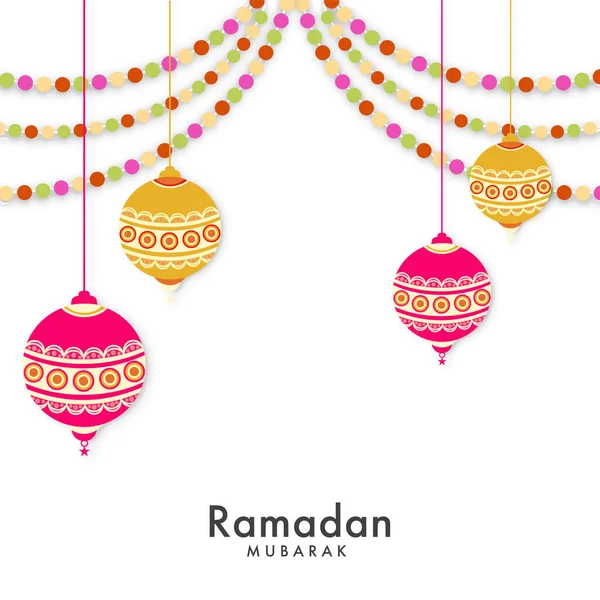 Carte Vœux Célébration Ramadan Moubarak Décorée Lanternes Guirlandes Pois Traditionnels — Image vectorielle