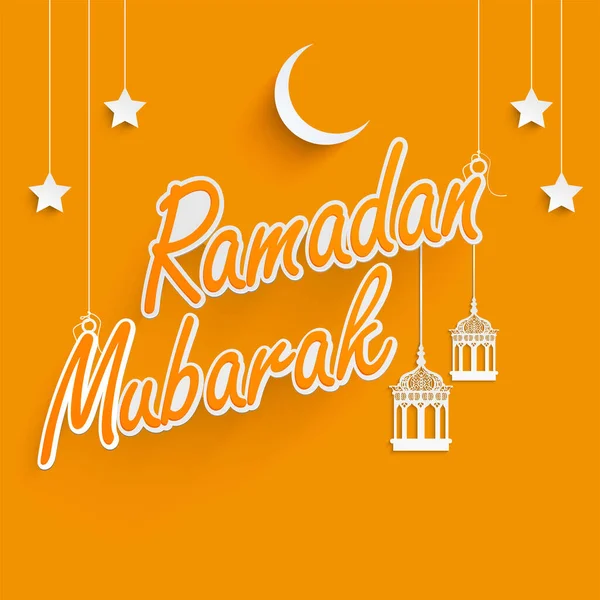 Sticker Style Ramadan Mubarak Lettertype Met Paper Cut Crescent Moon — Stockvector