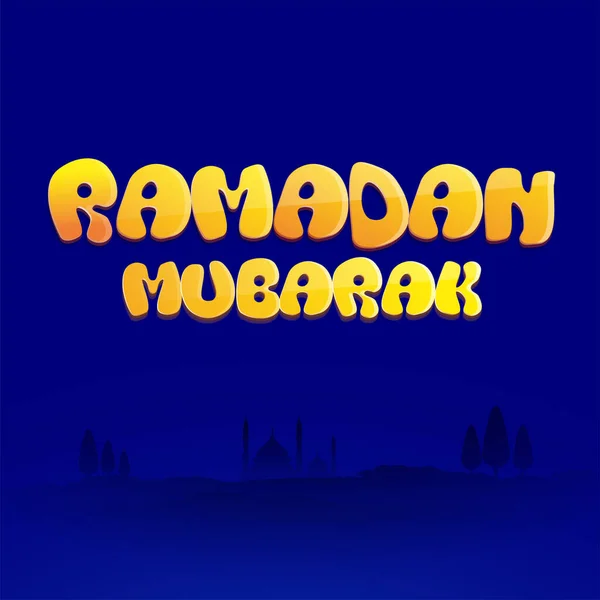 Stylish Ramadan Mubarak Font Silhouette Mosque Albero Sfondo Blu — Vettoriale Stock