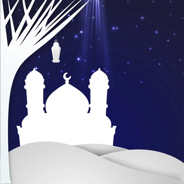 阿拉伯灯笼 蓝光波纹背景和复制空间的剪纸式清真寺 — 图库矢量图片