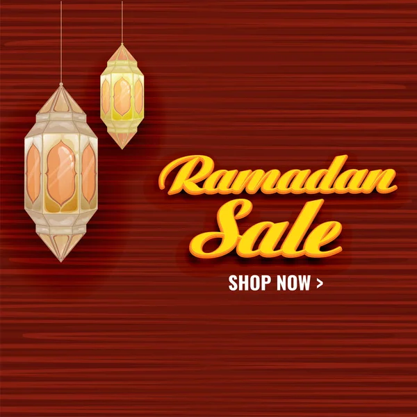Ramadan Sprzedaż Plakat Projekt Arabskich Latarni Powiesić Czerwonych Poziomych Linii — Wektor stockowy