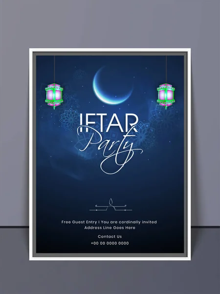 Iftar Party Flyer Design Glowing Crescent Moon Lanterns Hang Blue — 스톡 벡터